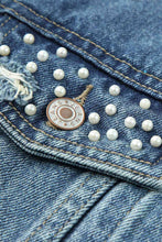 Load image into Gallery viewer, Pearl Detail Distressed Button Up Denim Jacket
