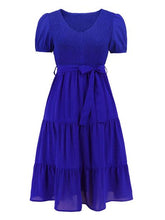 Load image into Gallery viewer, Smocked Tie Front Short Sleeve Tiered Dress
