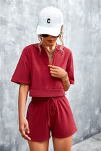 Load image into Gallery viewer, Half Zip Cropped Hooded T-Shirt and Shorts Set
