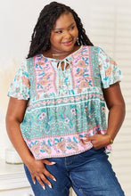 Load image into Gallery viewer, Double Take Floral Tie Neck Short Sleeve Blouse
