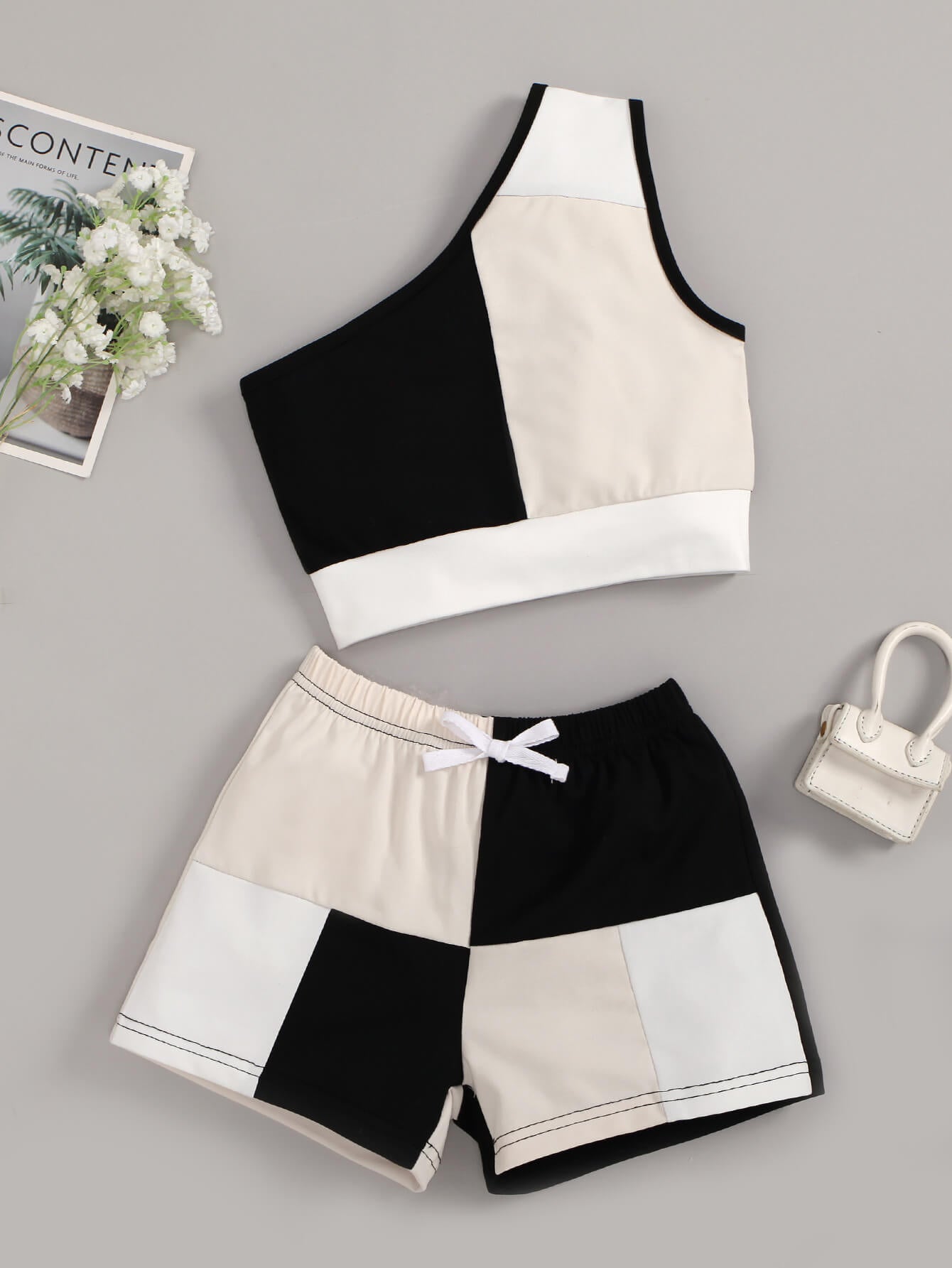 Girls Tricolor One-Shoulder Tank and Shorts Set