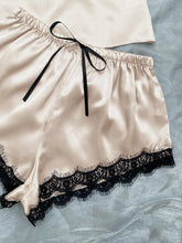 Load image into Gallery viewer, Lace Trim Cami, Shorts, Eye Mask, Scrunchie, and Bag Pajama Set
