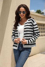 Load image into Gallery viewer, Striped Round Neck Button-Down Dropped Shoulder Cardigan
