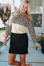 Load image into Gallery viewer, Leopard Color Block Cold-Shoulder Side Slit Dress
