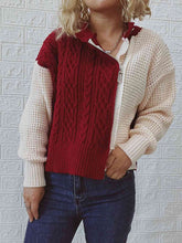 Load image into Gallery viewer, Cable-Knit Contrast Zip-Up Cardigan
