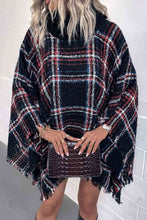 Load image into Gallery viewer, Plaid Turtleneck Fringe Hem Poncho
