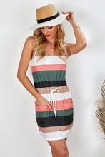 Load image into Gallery viewer, Striped Drawstring Waist Tie-Shoulder Mini Dress

