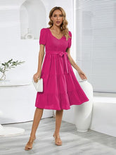 Load image into Gallery viewer, Smocked Tie Front Short Sleeve Tiered Dress
