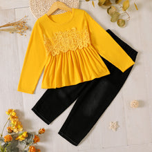 Load image into Gallery viewer, Girls Lace Trim Peplum Top and Jeans Set
