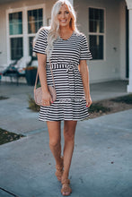 Load image into Gallery viewer, Striped Tie-Waist Frill Trim V-Neck Dress
