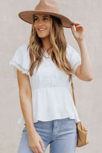 Load image into Gallery viewer, Lace Trim V-Neck Tied Peplum Blouse
