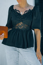 Load image into Gallery viewer, Lace Smocked Puff Sleeve Peplum Top
