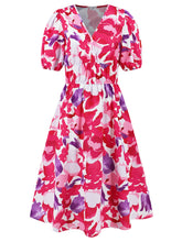 Load image into Gallery viewer, Ruched Printed Surplice Short Sleeve Dress
