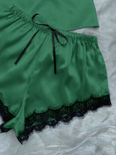 Load image into Gallery viewer, Lace Trim Cami, Shorts, Eye Mask, Scrunchie, and Bag Pajama Set
