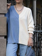 Load image into Gallery viewer, Contrast V-Neck Dropped Shoulder Sweater

