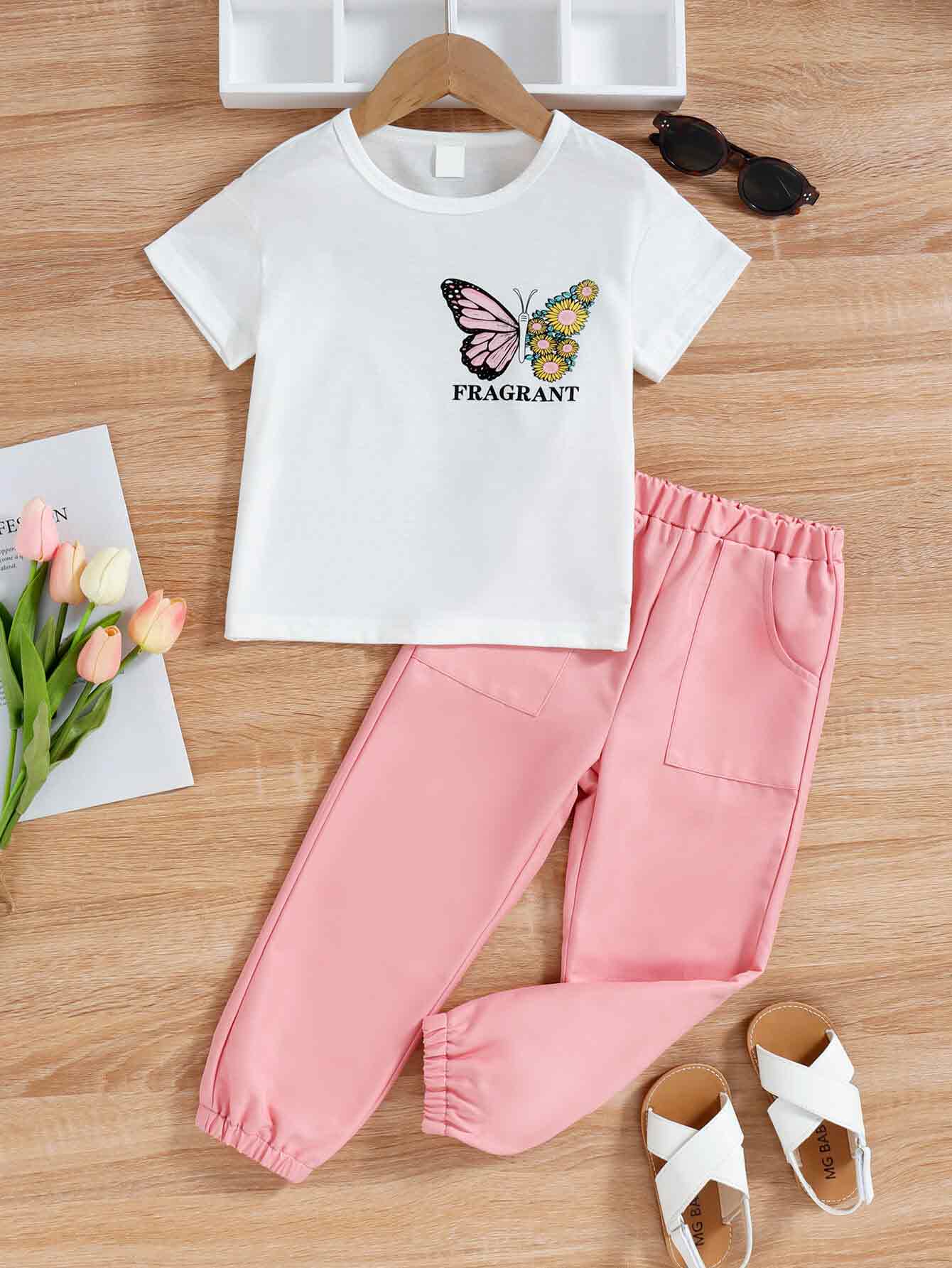 Girls Butterfly Graphic T-Shirt and Joggers Set