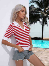 Load image into Gallery viewer, Striped Johnny Collar Half Sleeve Knit Top

