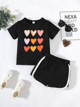 Load image into Gallery viewer, Kids Heart Print T-Shirt and Side Stripe Shorts Set
