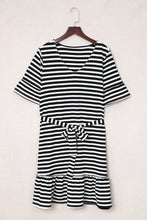 Load image into Gallery viewer, Striped Tie-Waist Frill Trim V-Neck Dress
