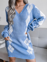 Load image into Gallery viewer, Argyle V-Neck Ribbed Trim Sweater Dress
