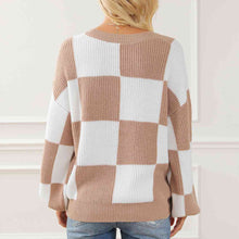 Load image into Gallery viewer, Checkered Round Neck Drop Shoulder Long Sleeve Sweater
