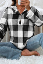Load image into Gallery viewer, Plaid Quarter Button Dropped Shoulder Hoodie
