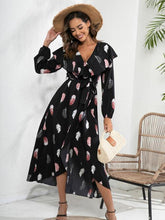 Load image into Gallery viewer, Printed Tie Front Ruffle Trim Long Sleeve Dress
