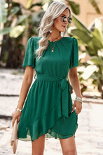 Load image into Gallery viewer, Round Neck Flutter Sleeve Belted Dress
