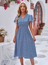 Load image into Gallery viewer, Printed Decorative Button Flutter Sleeve Dress

