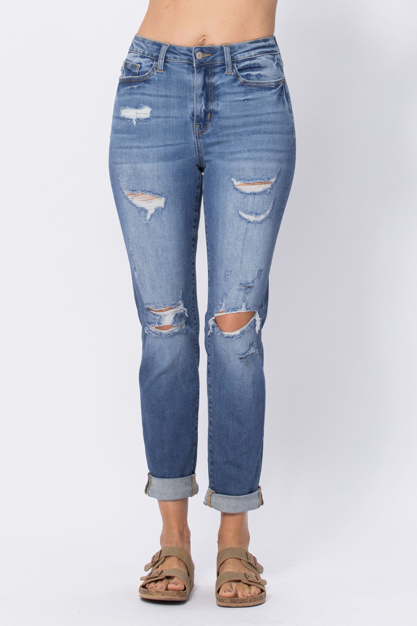 Judy Blue Mid Rise Cuffed Distressed Jeans