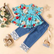 Load image into Gallery viewer, Girls Floral Round Neck Top and Lace Trim Distressed Jeans Set
