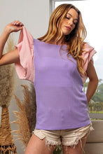 Load image into Gallery viewer, BiBi Contrast Waffle-Knit Ruffled Cap Sleeve Blouse

