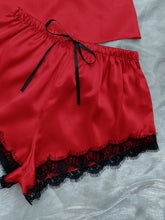 Load image into Gallery viewer, Lace Trim Cami, Shorts, Eye Mask, Scrunchie, and Bag Pajama Set
