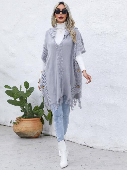 Fringe Trim Buttoned Hooded Poncho