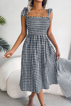 Load image into Gallery viewer, Plaid Tie Shoulder Frill Trim Midi Dress
