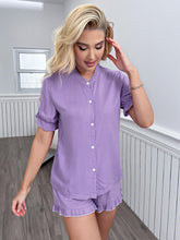Load image into Gallery viewer, Flounce Sleeve Shirt and Frill Trim Shorts Lounge Set
