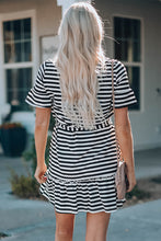 Load image into Gallery viewer, Striped Tie-Waist Frill Trim V-Neck Dress
