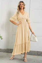 Load image into Gallery viewer, V-Neck Flounce Sleeve Smocked Waist High Slit Dress
