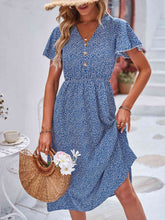 Load image into Gallery viewer, Printed Decorative Button Flutter Sleeve Dress
