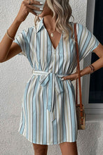 Load image into Gallery viewer, Striped Johnny Collar Tie-Waist Dress

