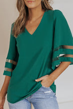 Load image into Gallery viewer, Sheer Striped Flare Sleeve V-Neck Blouse
