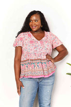 Load image into Gallery viewer, Double Take Bohemian Decorative Button Tie-Neck Peplum Blouse
