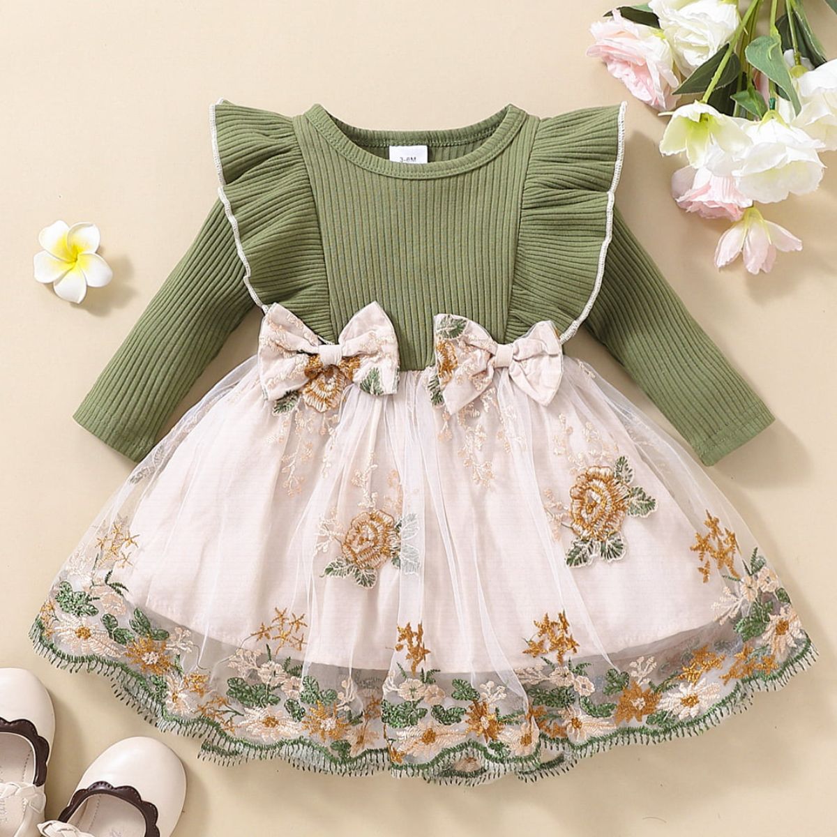 Girls Floral Bow Detail Ruffle Shoulder Tulle Dress