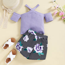 Load image into Gallery viewer, Girls Ribbed Cold-Shoulder Top and Mixed Print Belted Shorts Set
