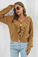 Load image into Gallery viewer, Ruffle Trim Button-Down Dropped Shoulder Sweater
